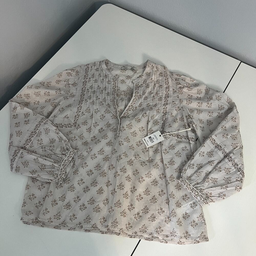 Dex Blouse Womens Small Beige Floral Print Pintuck Detail Balloon Sleeve V-Neck